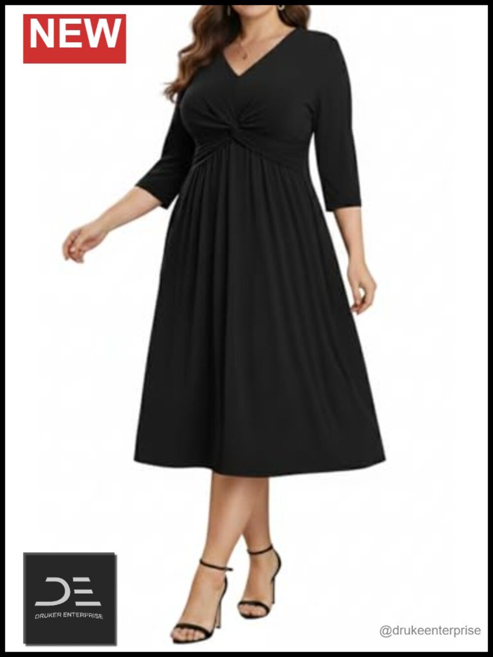 Plus Size Wedding Guest Dress V Neck 3/4 Sleeve A Line Midi Dress